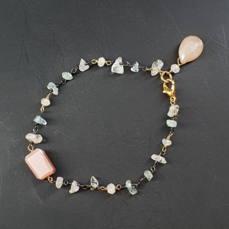 Bracciale A Nodo Orafo Brunito Con Acquamarina Chiara E Pietra Di Luna Pesca Forme Miste Sfaccettate A Mano