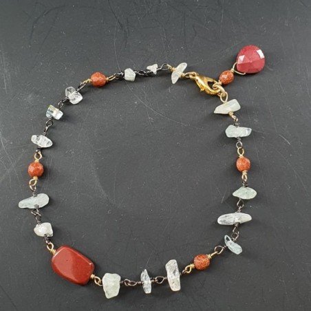 Bracciale A Nodo Orafo Brunito Con Acquamarina Chiara,Pietra Di Sole E Diaspro Rosso Forme Miste Sfaccettate A Mano