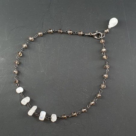 Bracciale A Nodo Orafo Brunito Con Quarzo Fume E Pietra Di Luna Forme Miste Sfaccettate A Mano