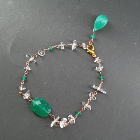 Bracciale A Nodo Orafo Rosato Con Cristallo Di Rocca E Onice Verde   Forme Miste Sfaccettate A Mano