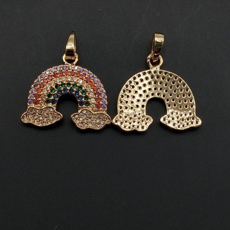 Ciondolo Pendente Di Bronzo Con Zirconi Multicolor Pavè Arcobaleno Con Nuvole 26x29mm 1pz