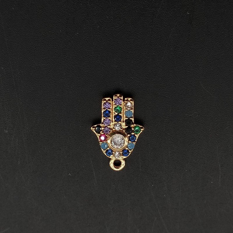 Componente Pendente Di Bronzo Con Zirconi Multicolor Pavè Mano Di Fatima Con Un Anellino 09x13mm Dorato 1pz