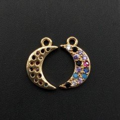 Componente Pendente Di Bronzo Con Zirconi Multicolor Pavè Mezzaluna Con Un Anellino 08x14mm 1pz