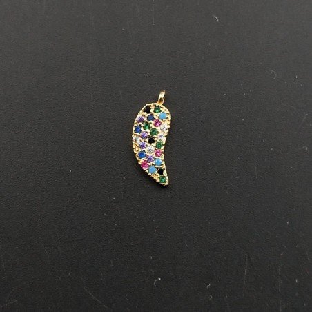 Componente Pendente Di Bronzo Con Zirconi Multicolor Pavè Piuma Con Un Anellino 05x14mm Dorato 1pz