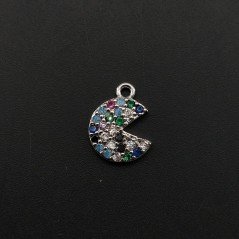 Componente Pendente Di Bronzo Con Zirconi Multicolor Pavè Spicchio Pac-Man Con Un Anellino 08x11mm-Rodiato 1pz