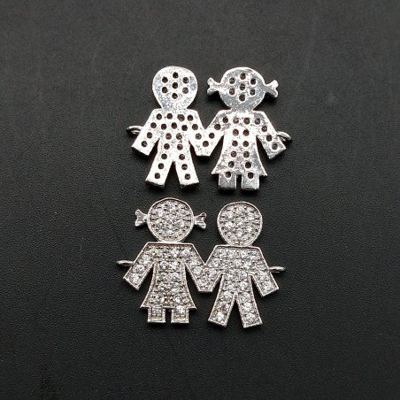 Componenti Di Ottone Con Zirconi Bimbo E Bimba 13x16,5mm Rodiato 1pz