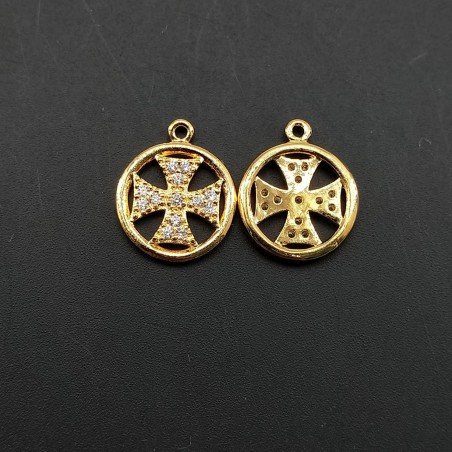 Componenti Di Ottone Con Zirconi Pendente Tondo 11,5mm-Dorato 1pz
