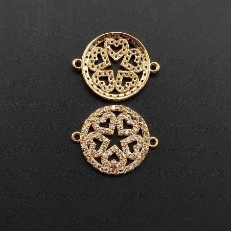 Componenti Di Ottone Con Zirconi Tondo Con 5 Cuori 16mm Dorato 1pz