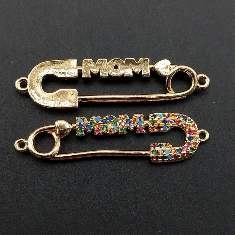 Connettore Componente Di Bronzo Con Zirconi Multicolor Pavè Spilla MOM Con 2 Anellini 09x38mm