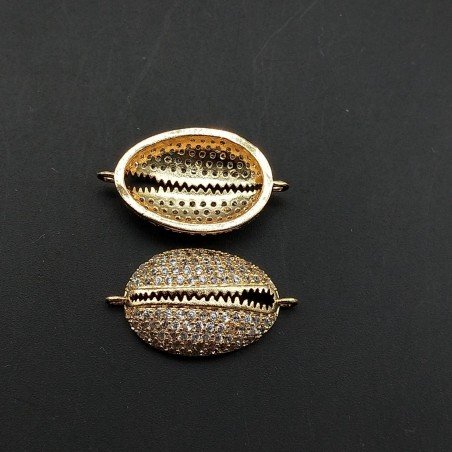 Componente Connettore Di Bronzo Con Zirconi Incastonati Conchiglia Con 2 Anellini 12x21mm-Dorato 1pz