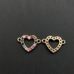 Componente Connettore Di Bronzo Con Zirconi Multicolor Pavè Cuore Forato Con Due Anellini 09x12mm Dorato