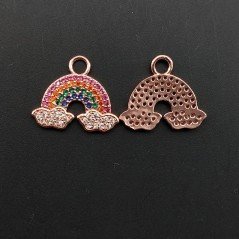 Componente Pendente Di Bronzo Con Zirconi Multicolor Pavè Arcobaleno Con Nuvole 17x19mm Oro Rosa 1pz