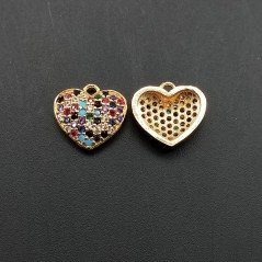 Componente Pendente Di Bronzo Con Zirconi Multicolor Pavè Cuore Con Un Anellino 11x12mm Dorato
