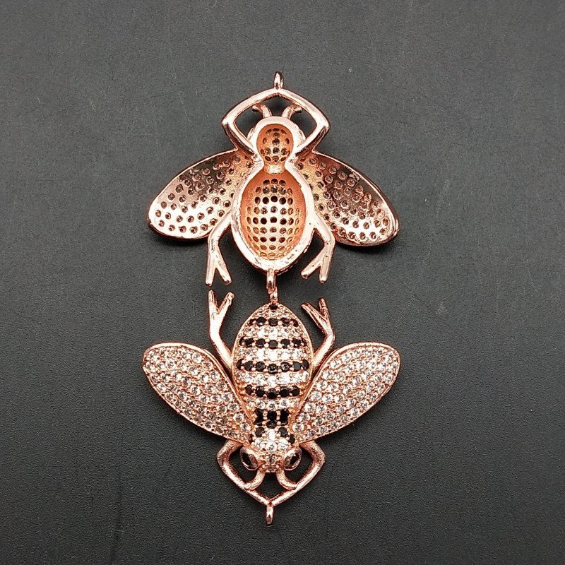 Connettori Di Bronzo Con Zirconi Incastonati Api Con 2 Anellini 30x28mm Oro Rosa 1pz