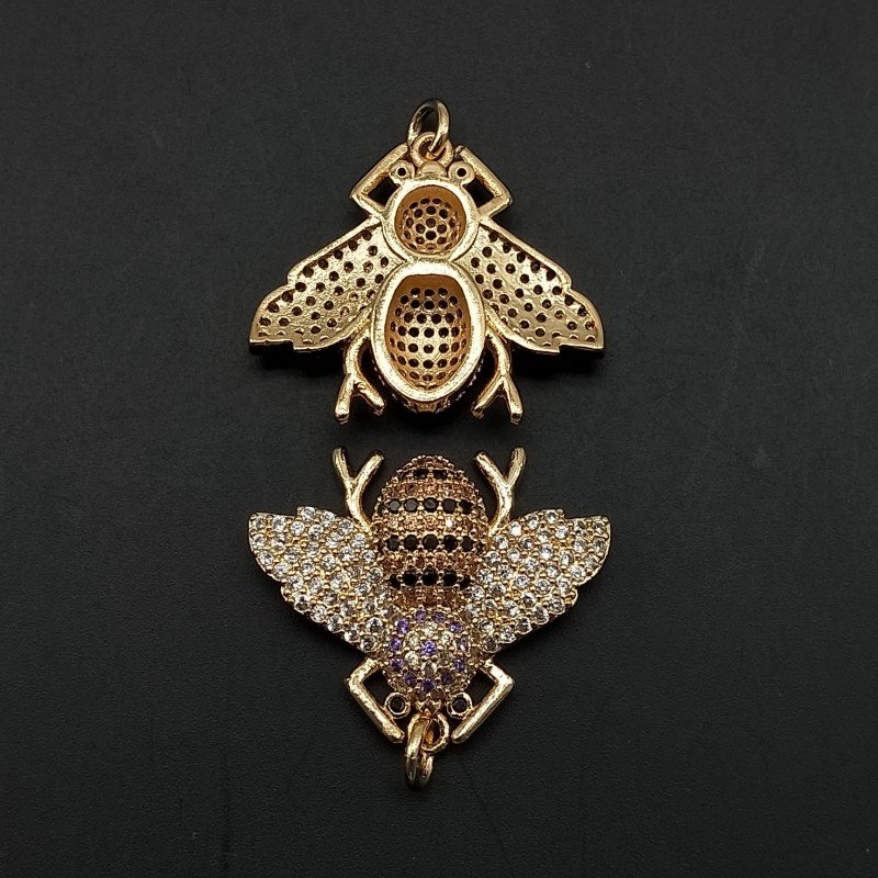 Connettori Di Bronzo Con Zirconi Incastonati Api Con 2 Anellini 30x28mm Rodiato 1pz