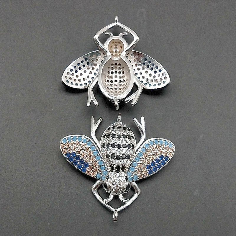 Connettori Di Bronzo Con Zirconi multicolor Incastonati Api Con 2 Anellini 27x22mm Rodiato 1pz