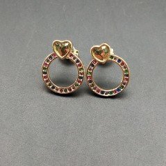 Orecchini A Perno Di Bronzo Con Zirconi Multicolor Pavè Cerchio Con Cuore 12x15mm