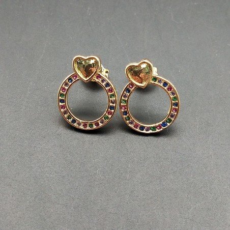 Orecchini A Perno Di Bronzo Con Zirconi Multicolor Pavè Cerchio Con Cuore 12x15mm