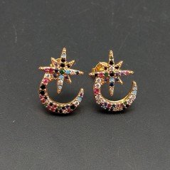 Orecchini A Perno Di Bronzo Con Zirconi Multicolor Pavè Luna E Stella 13x17mm 1paia