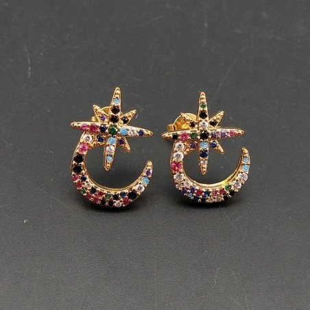 Orecchini A Perno Di Bronzo Con Zirconi Multicolor Pavè Luna E Stella 13x17mm 1paia