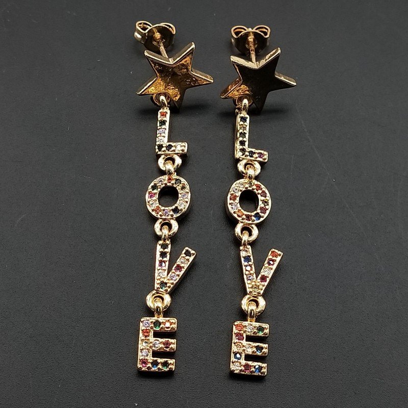 Orecchini A Perno Di Bronzo Con Zirconi Multicolor Pavè Stella LOVE Dorato 1paia
