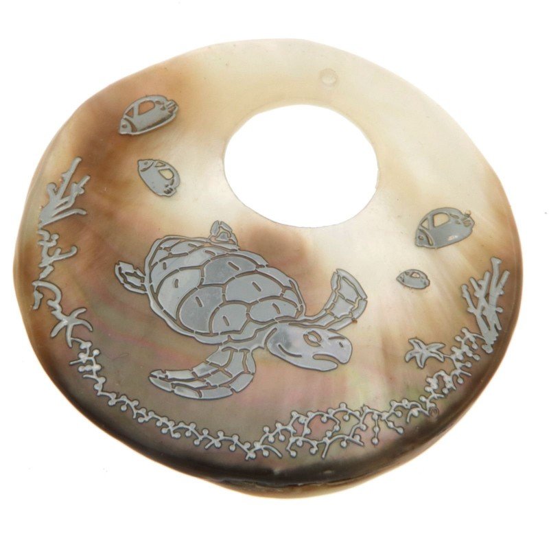 Componente Di Madreperla Tondo 40 mm Tartaruga Marina E Pesci argentati 1pz