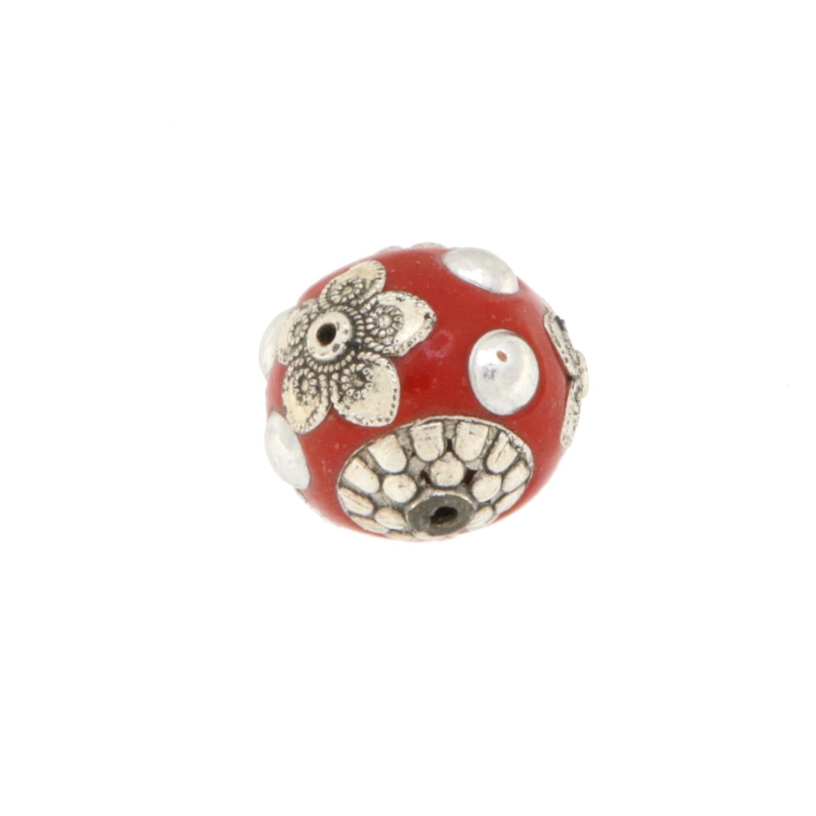 Perlina foro largo rosso con fiore d'argento intarsiato su di esso 13.5x8.5mm 1pz