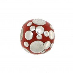 Perlina foro largo rosso con cerchi d'argento su di esso 13.5x8.5mm 1pz