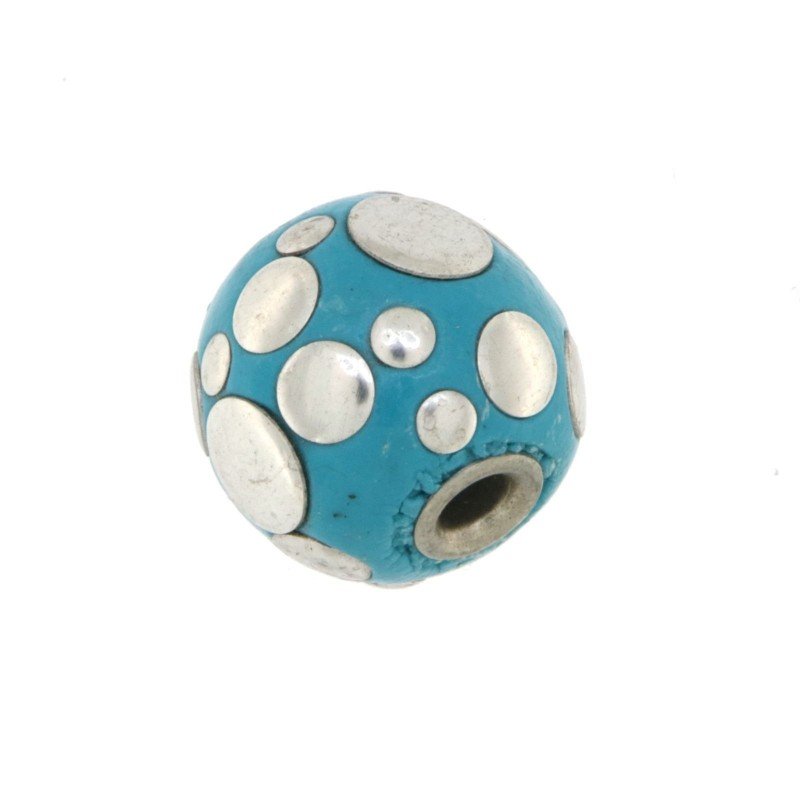 Perlina foro largo azzurro pallido con cerchi d'argento su di esso 13.5x8.5mm 1pz