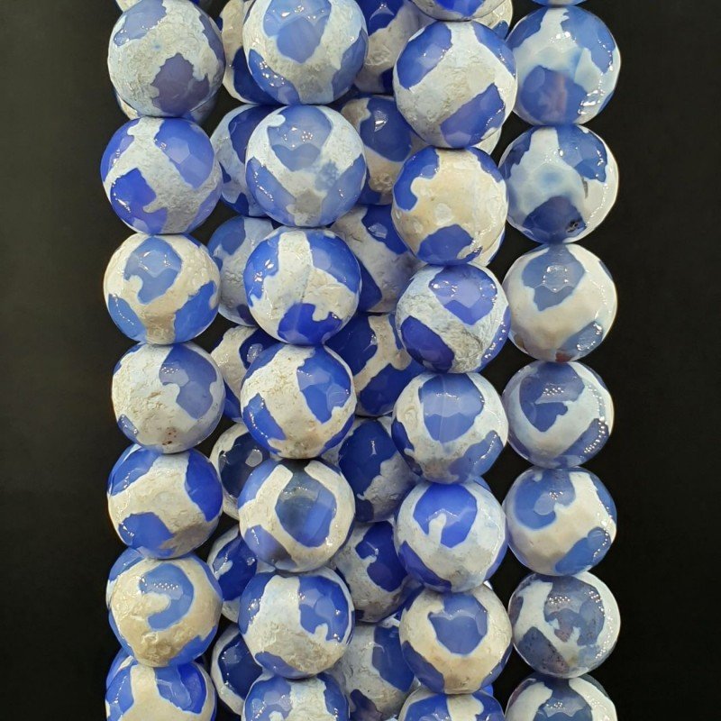 Agata Tibetana Blu Bianco Perline Forma Tondo Sfaccettato 10mm