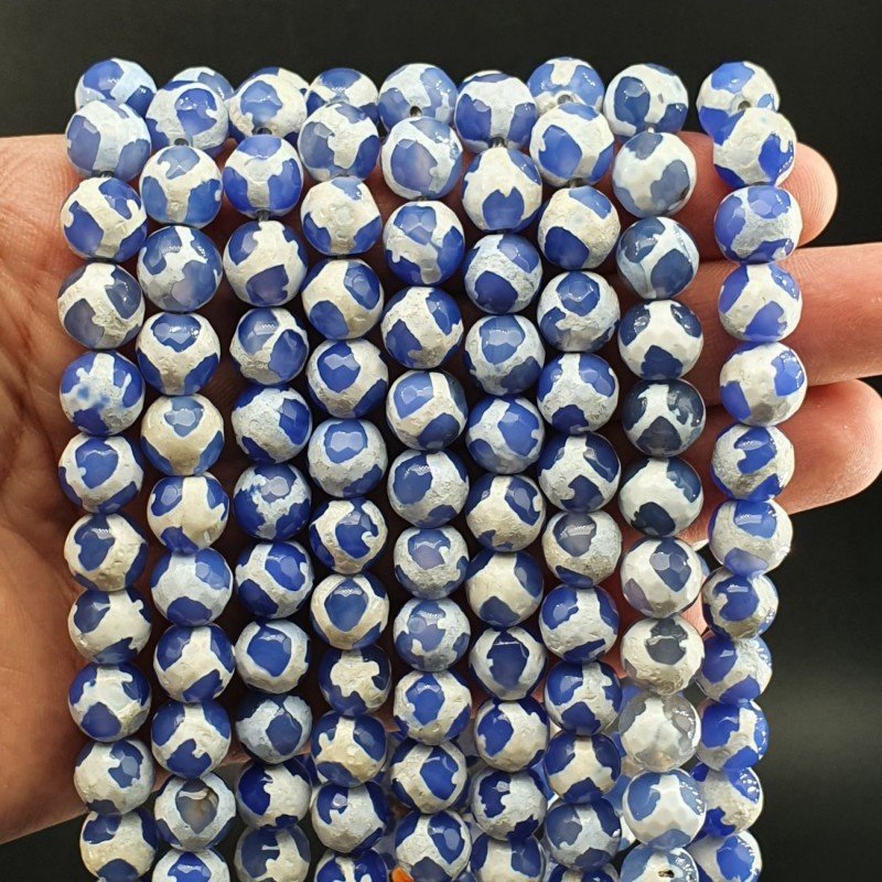 Agata Tibetana Blu Bianco Perline Forma Tondo Sfaccettato 10mm