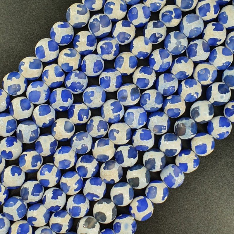 Agata Tibetana Blu Bianco Perline Forma Tondo Sfaccettato 10mm