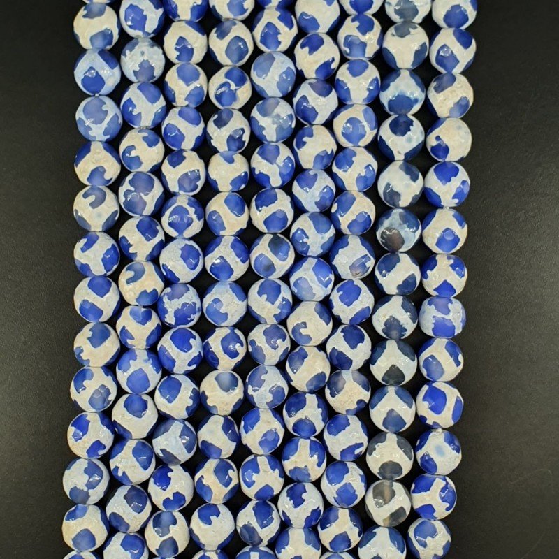 Agata Tibetana Blu Bianco Perline Forma Tondo Sfaccettato 10mm