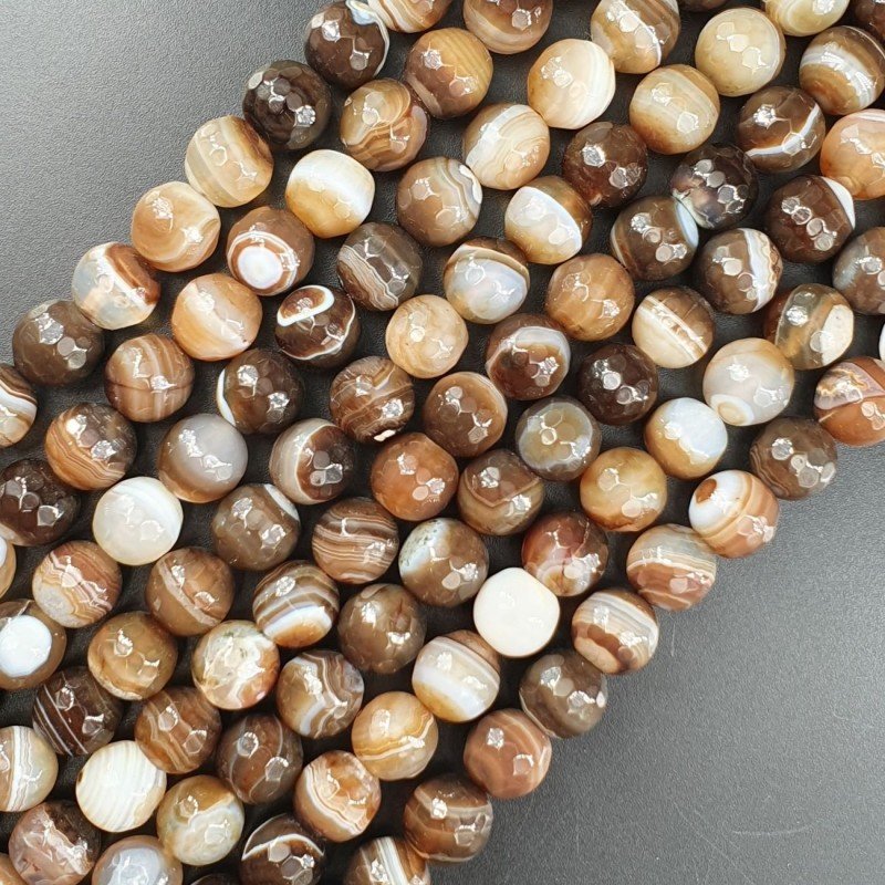 Agata Brasiliana Marrone Striata Perline Forma Tondo Sfaccettato 10mm