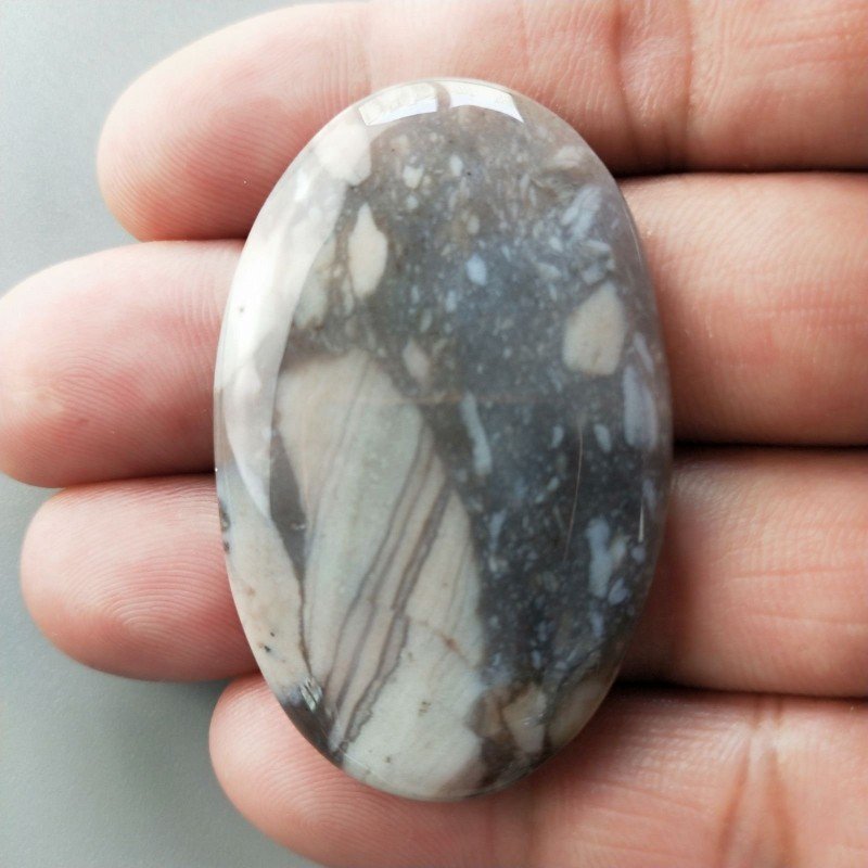 Agata Fossile Grigio Naturale Forma Ovale Piatto Cabochon Liscio Fatto a Mano 49X27X5mm 12,84gm 1pz