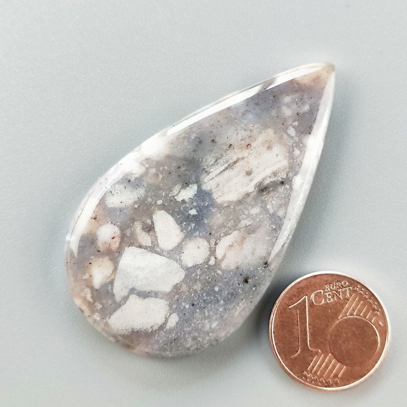 Agata Fossile Grigio Naturale Forma Goccia Piatto Cabochon Liscio Fatto a Mano 48X28X5mm 10,74gm 1pz