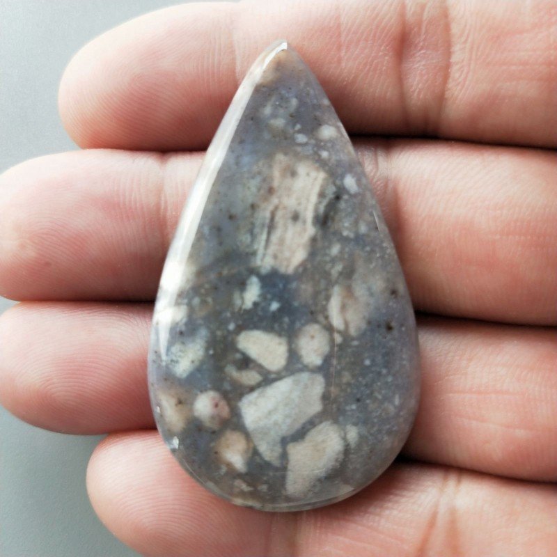 Agata Fossile Grigio Naturale Forma Goccia Piatto Cabochon Liscio Fatto a Mano 48X28X5mm 10,74gm 1pz