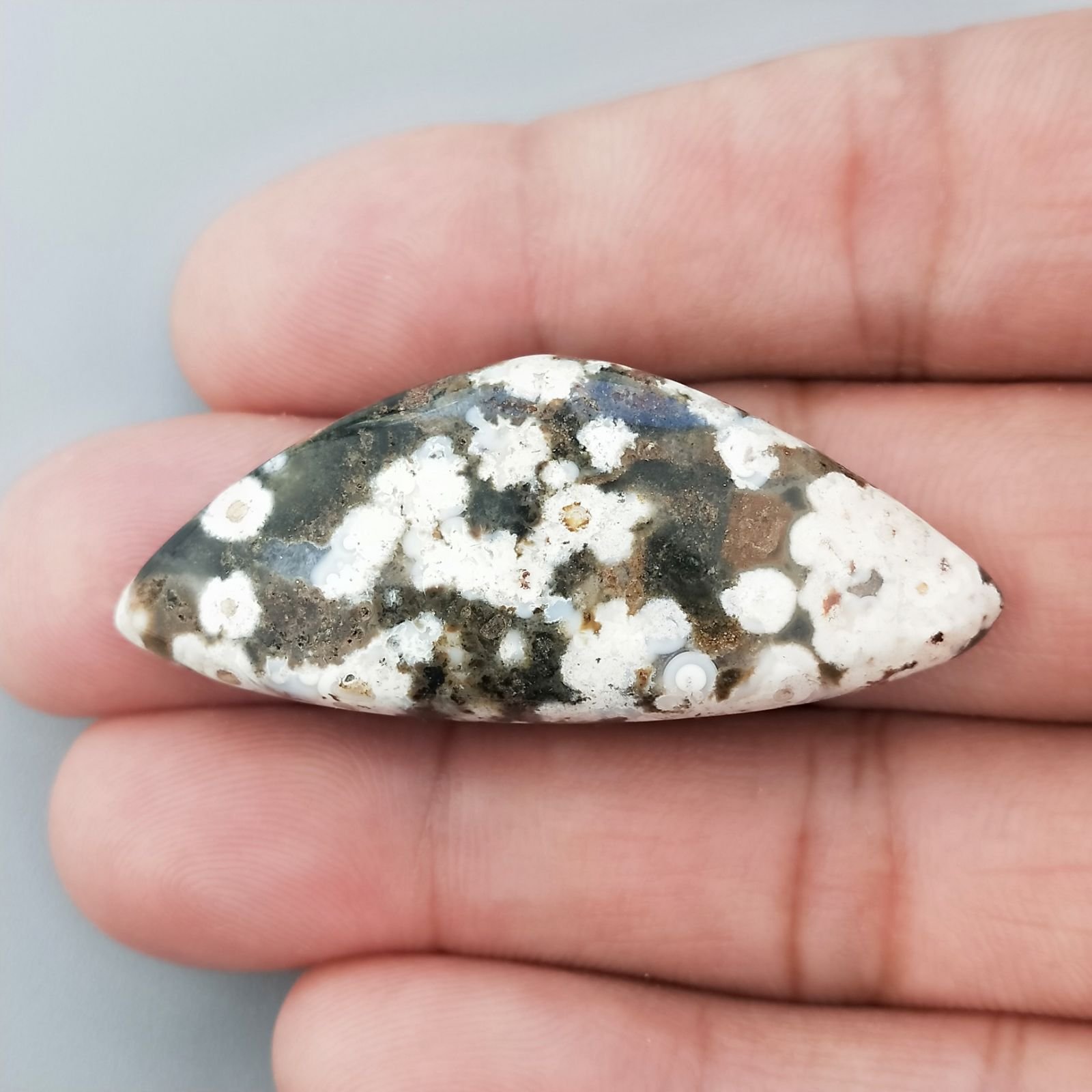 Agata Muschiata Naturale Forma Fantasia Piatto Cabochon Liscio Fatto a Mano 47X20mm 7,08gm 1pz