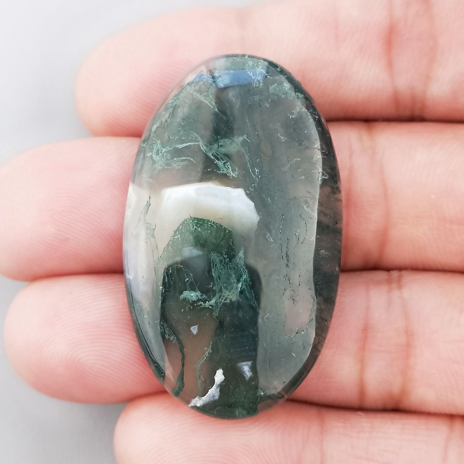 Agata Muschiata Naturale Forma Ovale Piatto Cabochon Liscio Fatto a Mano 46X25X5mm 9,94gm 1pz