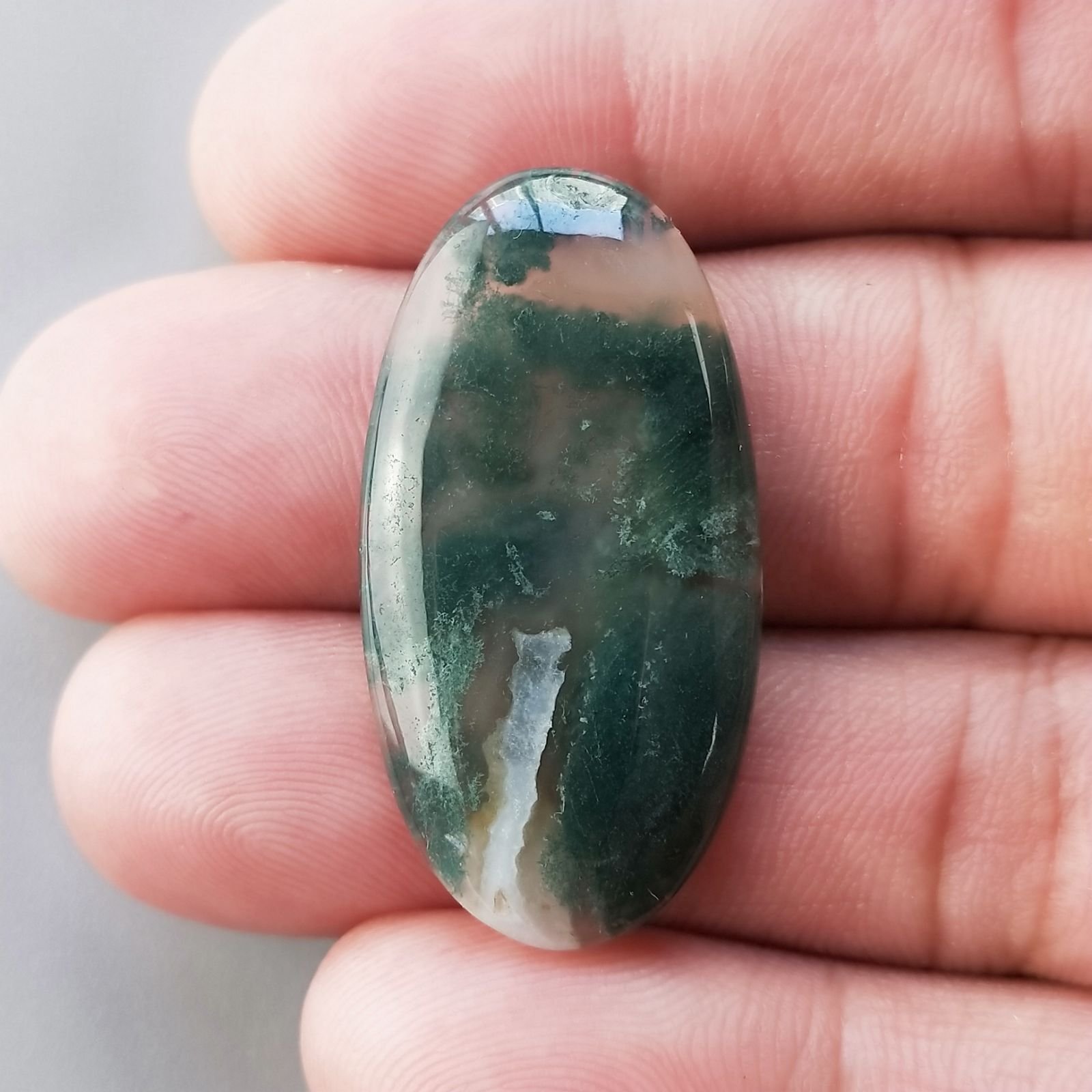 Agata Muschiata Naturale Forma Ovale Piatto Cabochon Liscio Fatto a Mano 36X18X04mm 4,88gm 1pz