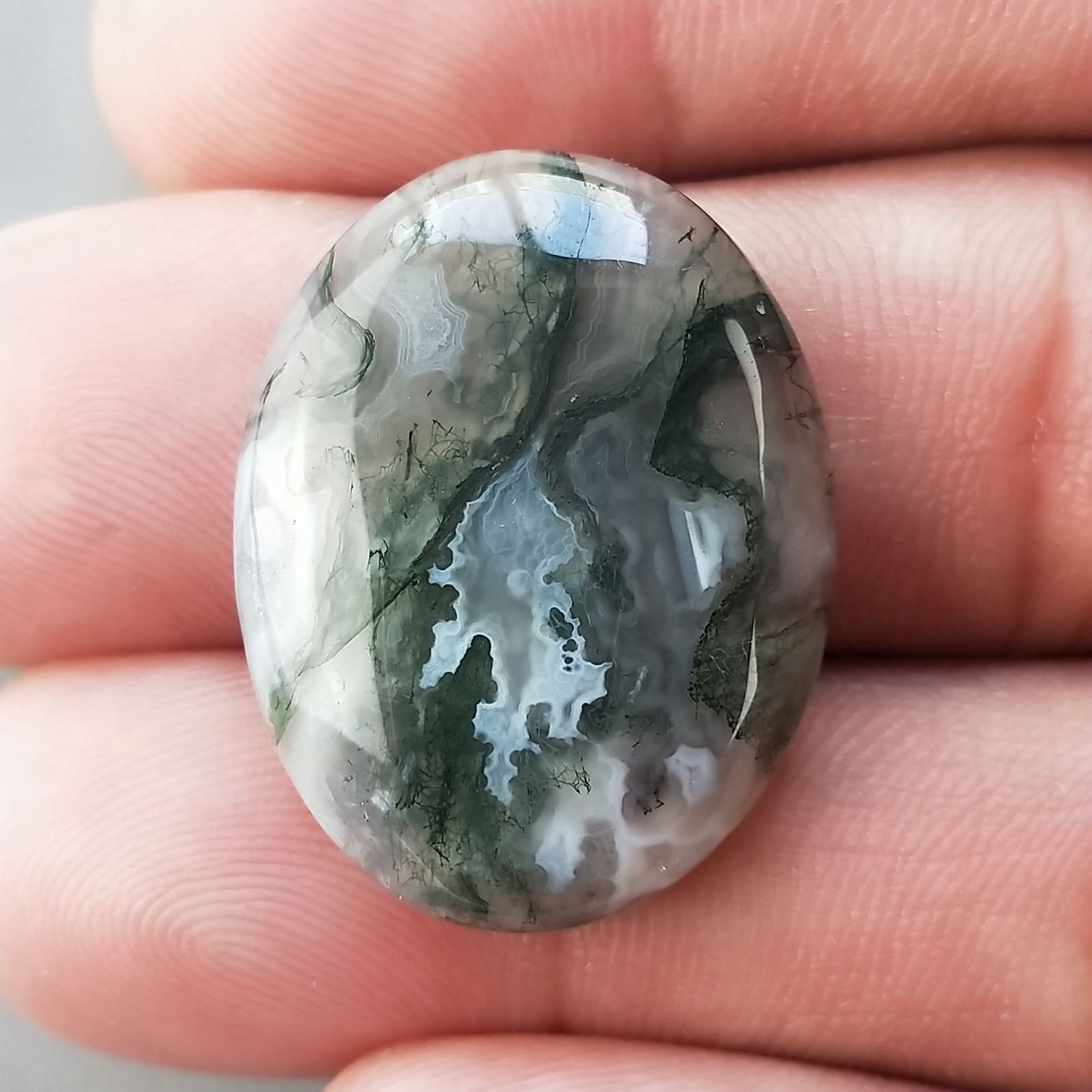 Agata Muschiata Naturale Forma Ovale Piatto Cabochon Liscio Fatto a Mano 27X21X05mm 5,10gm 1pz