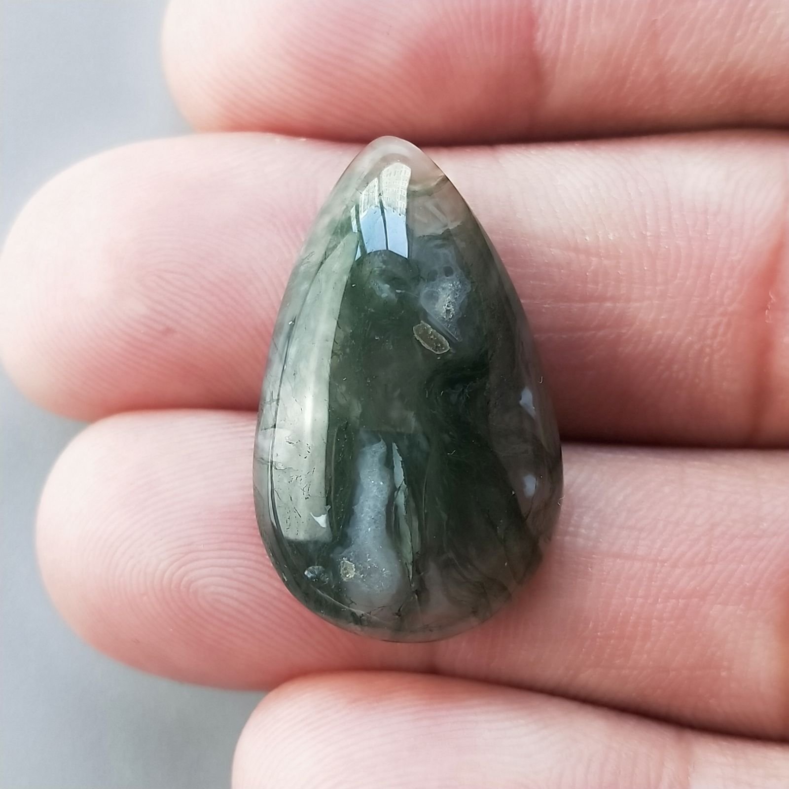 Agata Muschiata Naturale Forma Goccia Piatto Cabochon Liscio Fatto a Mano 28X17X06mm 4,52gm 1pz