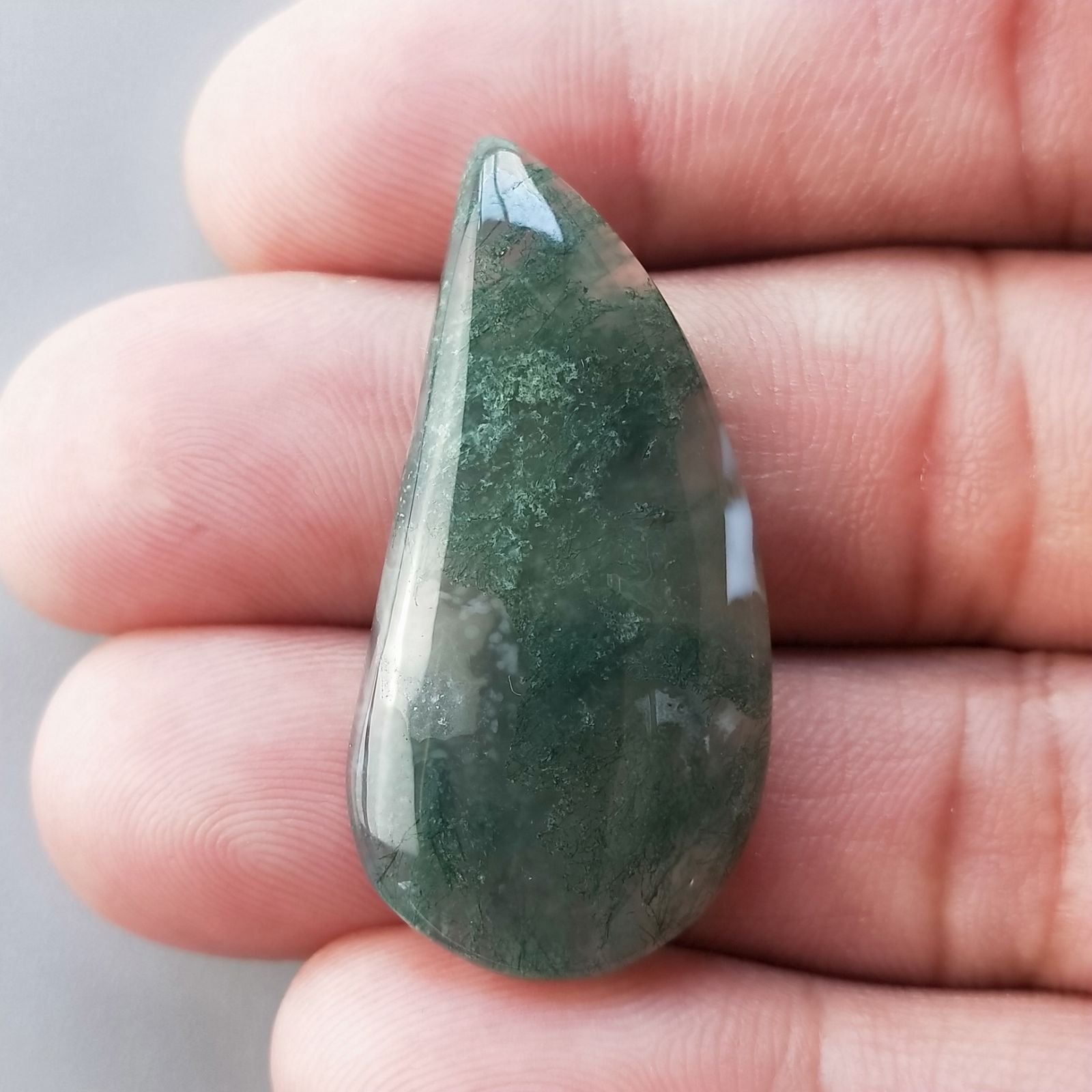 Agata Muschiata Naturale Forma Fantasia Piatto Cabochon Liscio Fatto a Mano 38X19X05mm 5,74gm 1pz