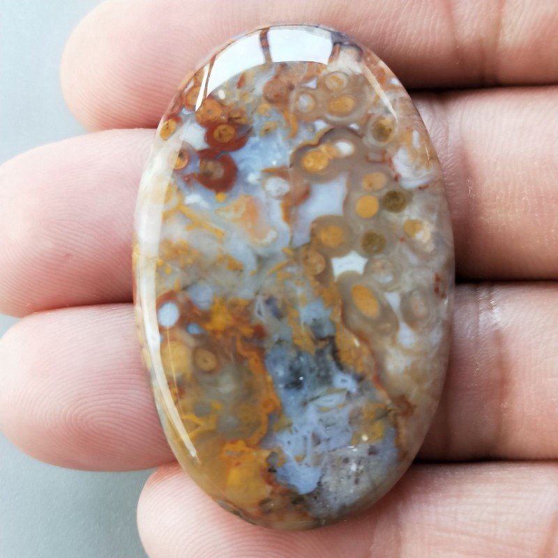 Agata Radice di Palma Naturale Forma Ovale Piatto Cabochon Liscio Fatto a Mano 46X29mm 12.09gm 1pz