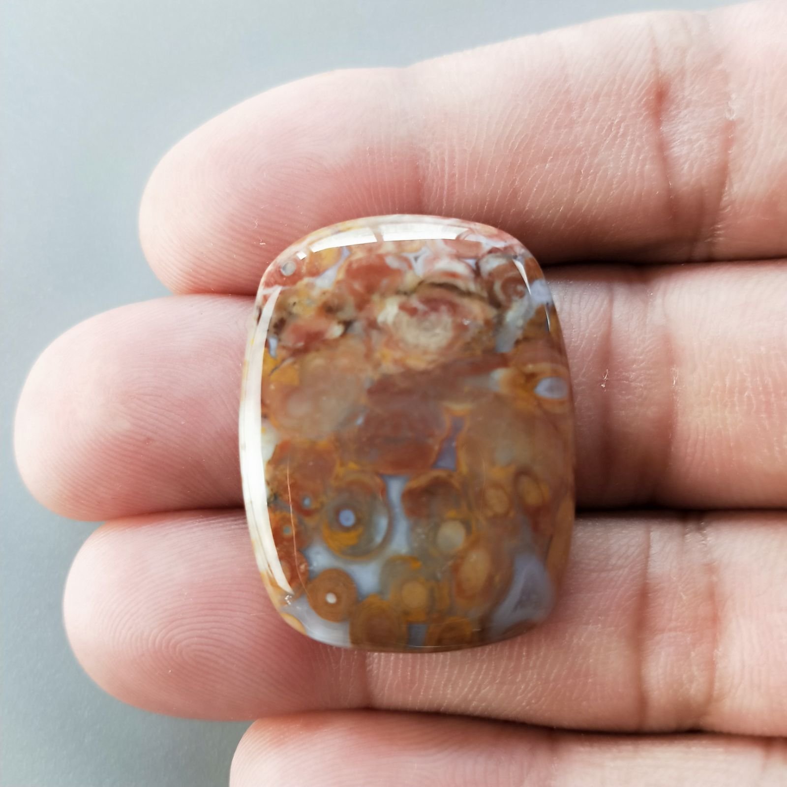 Agata Radice di Palma Naturale Forma Cuscino Piatto Cabochon Liscio Fatto a Mano 31X23mm 7.70gm 1pz