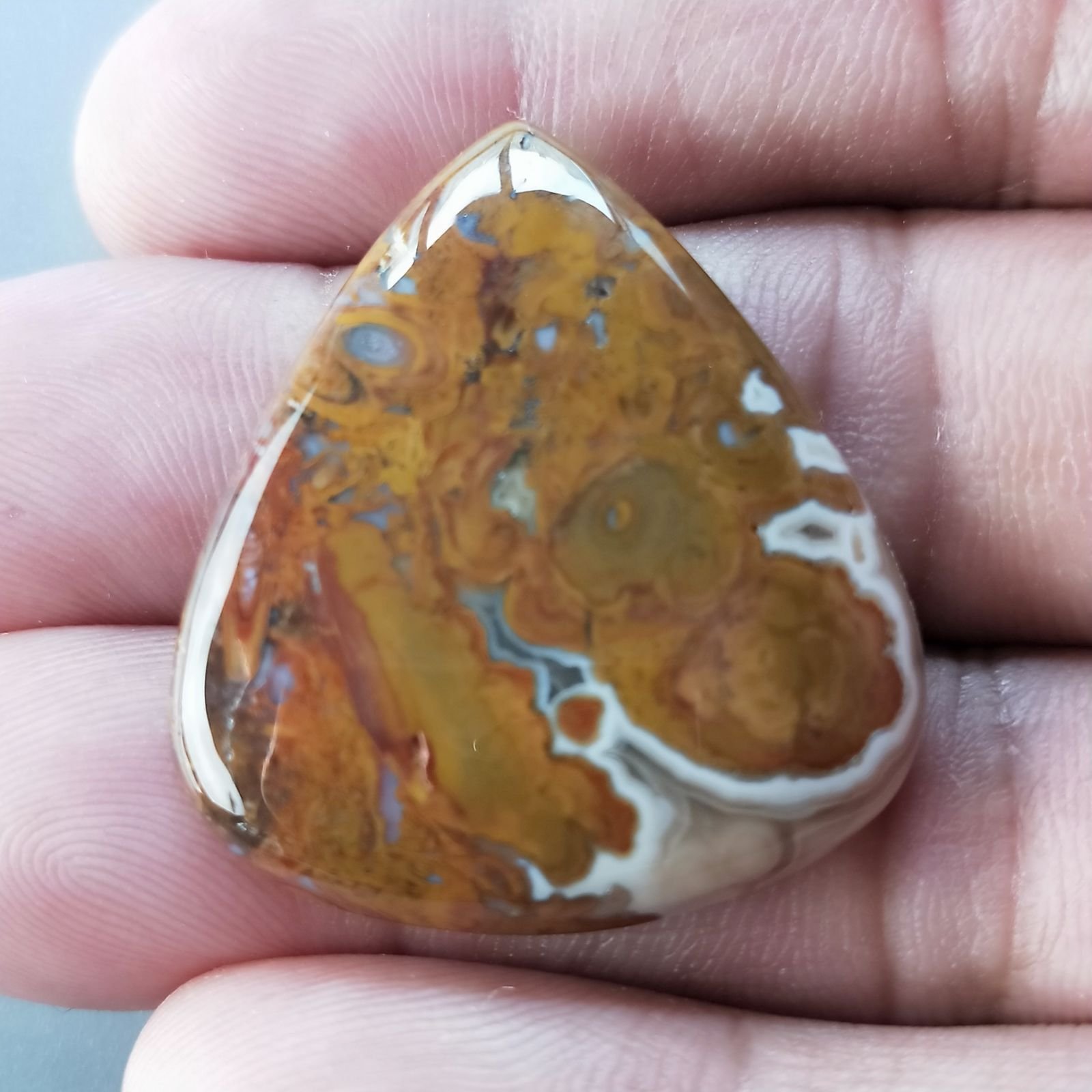 Agata Radice di Palma Naturale Forma Goccia Piatto Cabochon Liscio Fatto a Mano 32X29mm 7.98gm 1pz