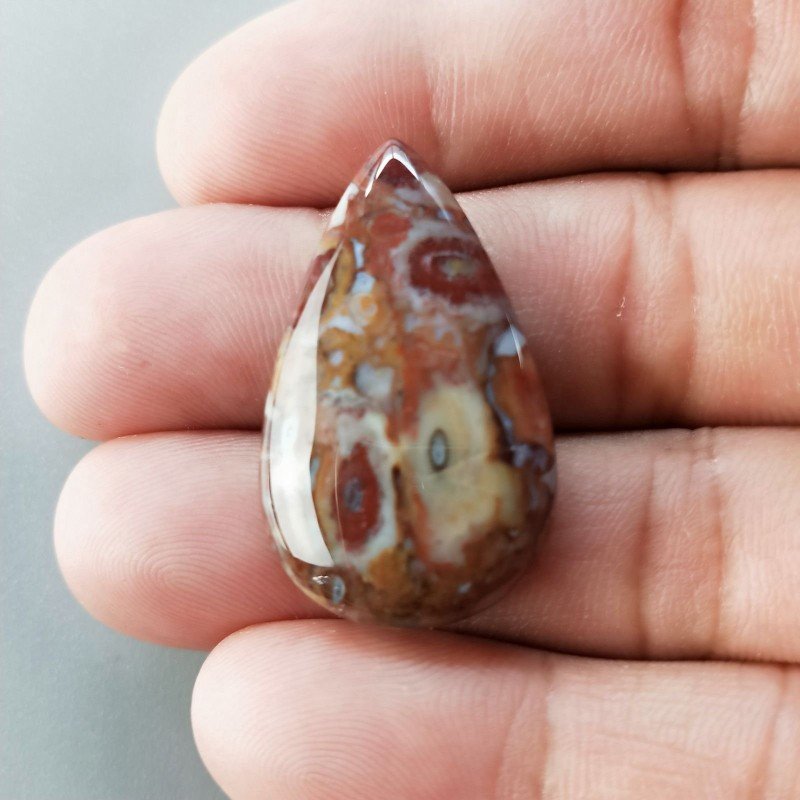 Agata Radice di Palma Naturale Forma Goccia Piatto Cabochon Liscio Fatto a Mano 33X20mm 5.96gm 1pz