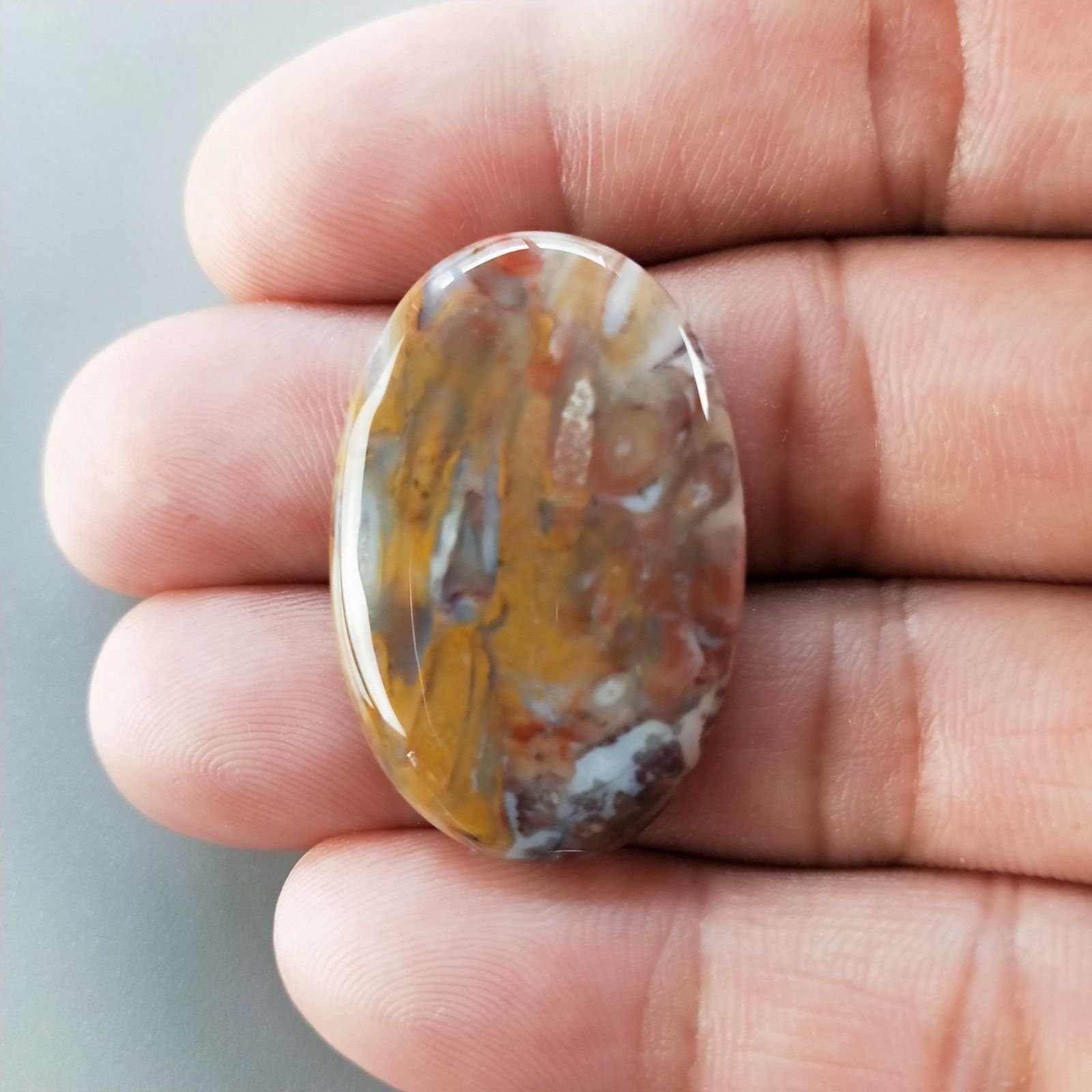 Agata Radice di Palma Naturale Forma Ovale Piatto Cabochon Liscio Fatto a Mano 33X22mm 6.50gm 1pz