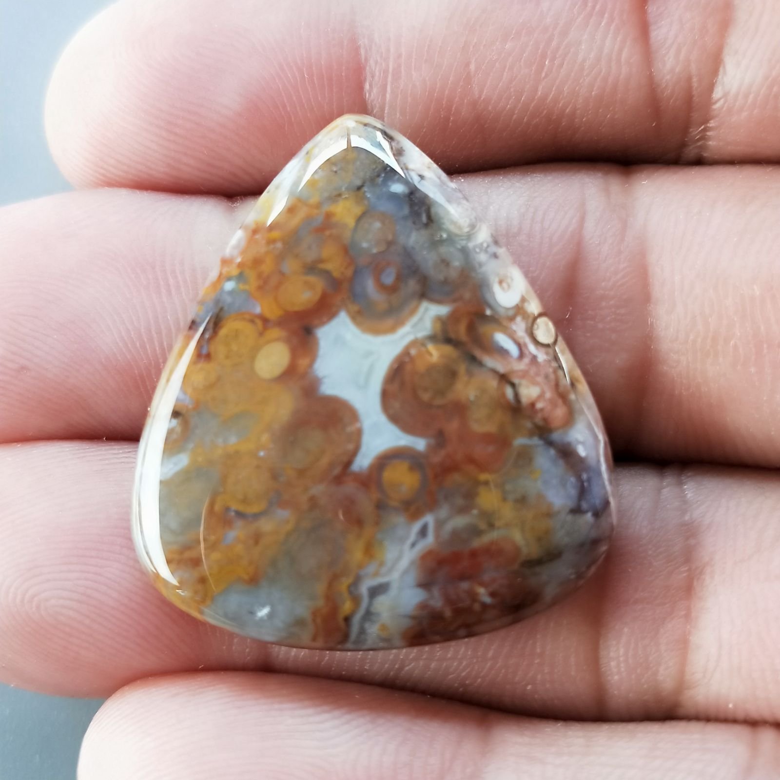 Agata Radice di Palma Naturale Forma Goccia Piatto Cabochon Liscio Fatto a Mano 32X27mm 7.07gm 1pz