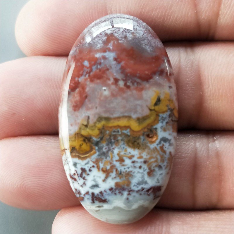 Agata Pennacchio Naturale Forma Ovale Piatto Cabochon Liscio Fatto a Mano 41X23X5mm 9,81gm 1pz